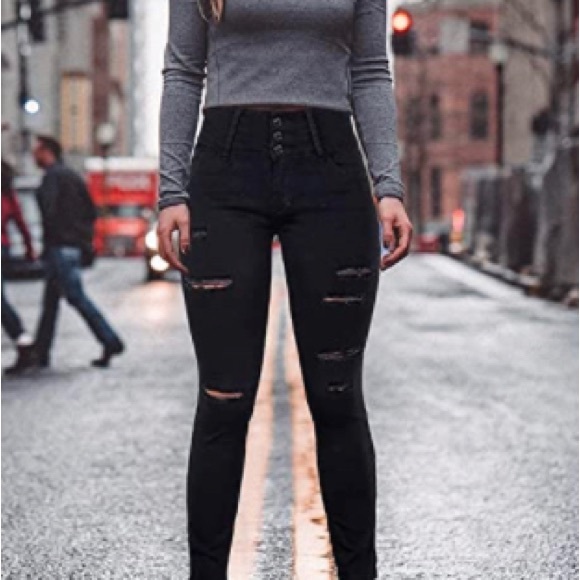 High Waisted  Distressed  Black Jeans - Picture 3 of 3